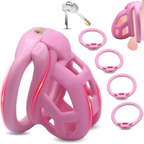 BDSMYEE Cobra Peniskäfig Keuschheitskäfig mit 4 Hodenringe(38-43-48-52mm) Chastity Cage MaleKeuschheitsgürtel für Herren erotisches Sex Spielzeug BDSMs Sklaven Sexspielzeug extrem (Rosa, S)