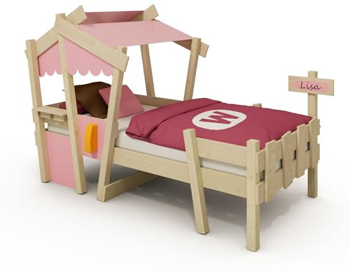 Wickey Kinderbett Crazy Comfy - Einzelbett, Spielbett für Kinder aus Massivholz mit Planendach - 90 x 200 cm - pastellpinke Plane
