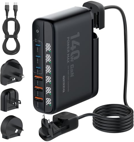 QENEQ 140W GaN USB C Chargeur de Voyage 6 Ports 100W PD3.0 Typ C QC PPS Adaptateur International avec Prises EU UK US AU Compatible avec MacBook iPad iPhone 17 Pro Max Galaxy S24 Ordinateur Portable