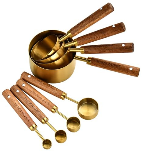 Stainless Steel Measuring Cups and Spoons Set - 8PCS Gold with Wooden Handle and Scale for Cooking and Baking