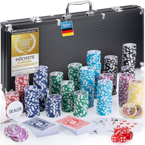 Profi Pokerkoffer Pokerset inkl. 300-500 Chips hochwertigen Pokerchips; Pokerdeck, Kartendeck, Pokerkarten, Würfel, Dealer-Button; abschließbar Alu-Koffer; Casino für Zuhause (Schwarz, 500 Chips)