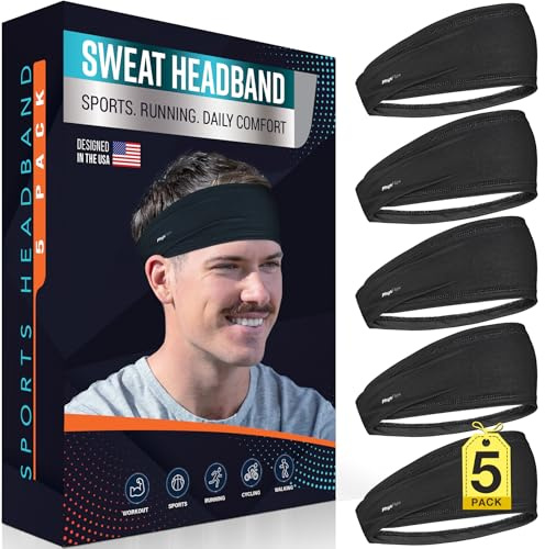 5-Pack Sport Headbands for Men & Women - Sweat-Wicking Workout & Running Head Bands - Exercise Sweat Band for Workout, Basketball, Tennis, Cycling, Yoga (Black)