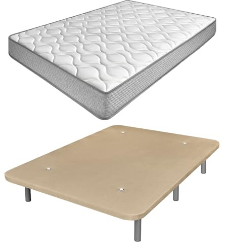 amuéblate Online - Cama Completa con Colchón Carla Reversible + Base Tapizada Extra Resistente con 6 Patas Cilíndricas Metálicas Roscadas, 135 x 190, Beige