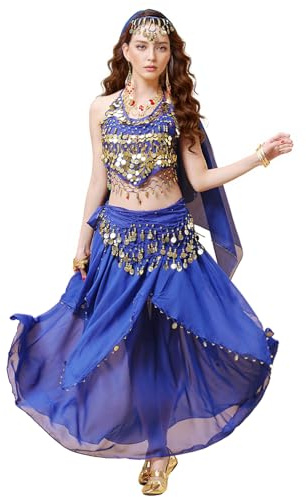 Baisdan Costume de danse du ventre 4 pièces avec haut jupe, écharpe, écharpe, foulard, carnaval, Halloween, tenue professionnelle