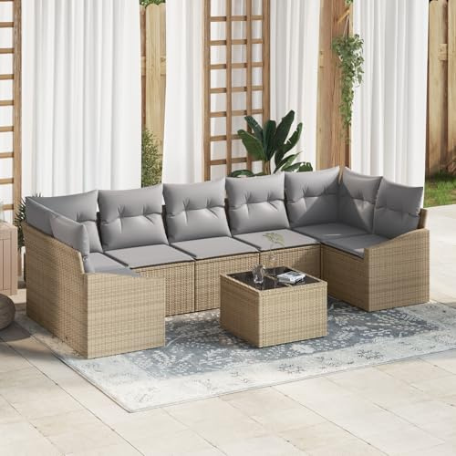 RMIHSJG Ensemble de 8 canapés de jardin modulaires en rotin synthétique beige et coussins gris - Ensemble de meubles de jardin modulaires avec groupe de sièges - Ensemble de meubles d'extérieur pour