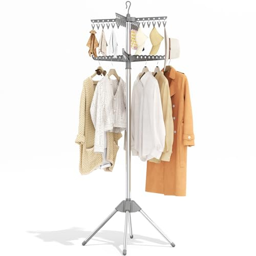 KINGBOARD 360° Rotatable Clothes Airer Drying Rack with 6 Arms | Space Saving for Bedroom Bathroom Balcony, 63.5×63.5×183cm