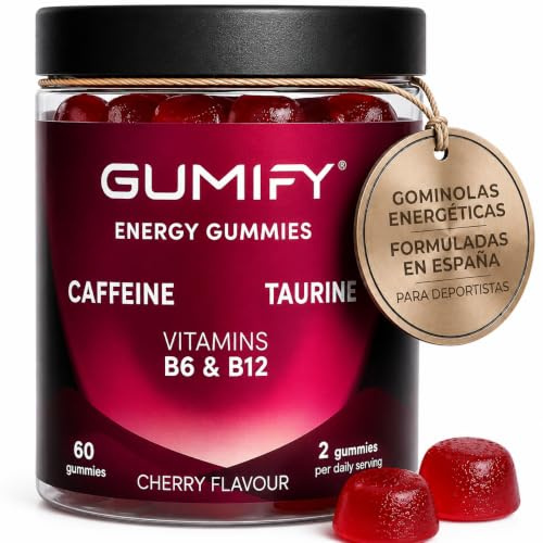 Gominolas de Cafeína - 60 Gominolas (30 Días) - 75mg Cafeína, Taurina, Vitaminas B6 y B12 - Para Deporte y Rendimiento - Sabor Cereza - GUMIFY