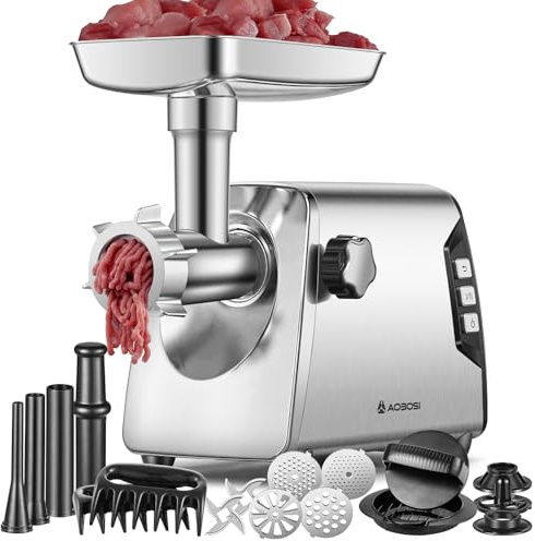 AAOBOSI #12 Hachoir à Viande,[𝟑𝟎𝟎𝟎𝐖 𝐌𝐚𝐱], 3 Vitesse,Hachoir a Viande Electrique：2 Lames,4 Plaques,3 Farcisseurs de Saucisses,Kit Kibbe,Pince à Viande,Presse à Burger,Boîte de Rangement Intégré