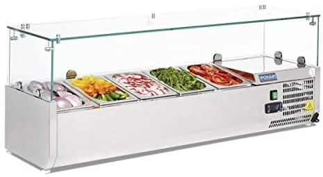 Polar Refrigeration G-Series 150W Countertop Food Prep Fridge with Built-In Glass Surround, Stainless Steel, 2°C to 8°C, 435(H)x1200(W)x330(D)mm, Capacity: 5x 1/4 GN Pans (Sold Separately) | G608
