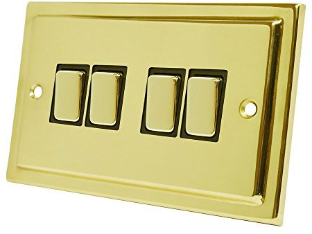 Victorian Polished Brass 4 Gang Switch Black Insert Metal Rocker Switch - 10 Amp Quad 4-Gang 2 Way Light Switch