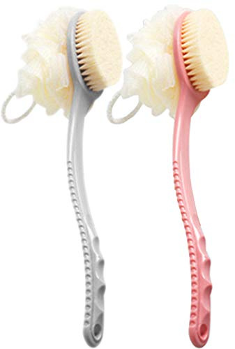 AARainbow 2 Packs Shower Body Brush with Bristles and Loofah, Back Scrubber Mesh Sponge with Curved Long Handle for Skin Exfoliating Bath, Massage Bristles Suitable for Men and Women (1Gray+1Pink)