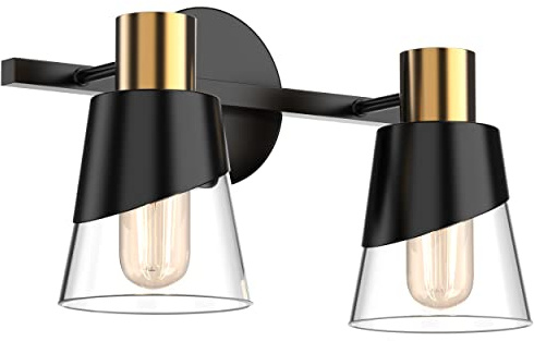 URSOLA Bathroom Lighting Fixtures Over Mirror, 2 Lights Bathroom Vanity Light, 13 inchBathroom Light Fixtures, Black and Gold Design with Bevelled Edge and Clear Glass Shade Wall Lamp