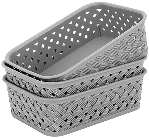 MaxGear 3 Pack Plastic Storage Baskets, Small, Grey