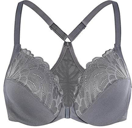 MELENECA Women's Front Fastening Racerback Plus Size Stretch Lace Underwire Unlined Bras Anthracite 40B