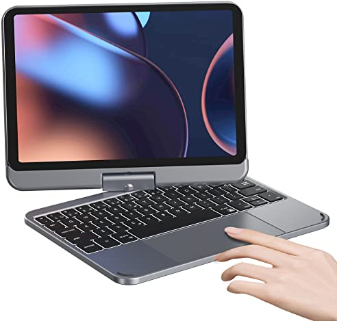 doqo iPad Mini 6-fodral med tangentbord: 2021 8,3 tum 6:e generationen, trådlöst bakgrundsbelyst tangentbord, 360 roterbart, smalt skyddande fodral folio (grå)
