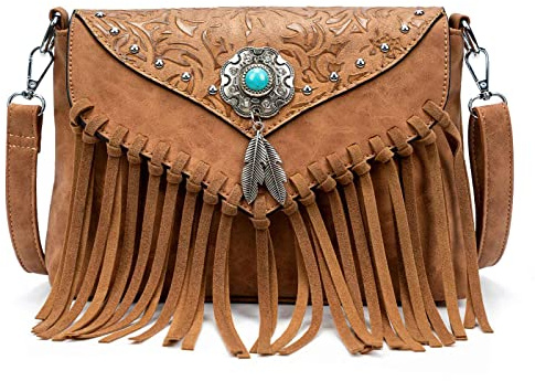 LAVAWA Petit sac à bandoulière pour femme - Sac à main à franges - Sac à bandoulière - Turquoise, marron clair