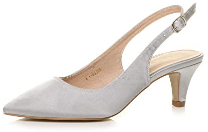 AJVANI dam damer låg mellanklack 50-tal slingback spänne spetsig domstol skor storlek, Silver satin, 39 EU