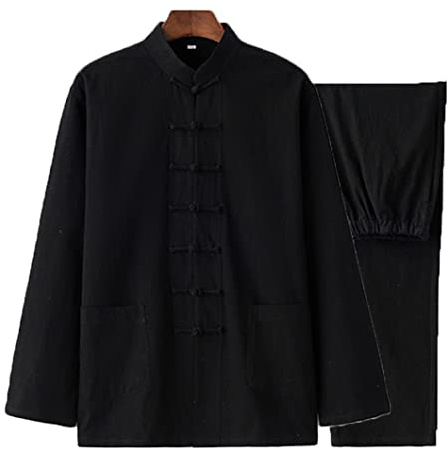 QPZK Baumwolle Leinen Tai Chi Uniform Kung Fu Anzug Chinesisch Traditionelle Kleidung Tang Anzug Herren Kampfkunst Jacke Atmungsaktiv Langarm Mantel Tops Zen Meditation Uniform, Schwarz, 4XL/5XL