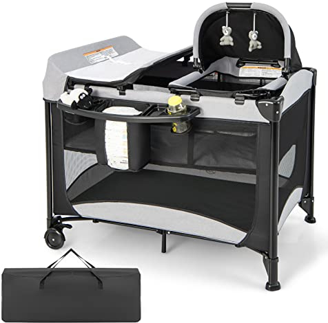 DREAMADE Reisebett Baby mit Matratze, Beistellbett mit Wiege & Wickelauflage, Babybett Set für Neugeborene & Baby bis 36 Monate,110 x 78 cm