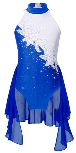 Freebily Abito da Pattinaggio Artistico Bambina Paillettes Abito da Ballo Lirico Contemporaneo Senza Maniche Strass Body Danza Classica Moderna Vestito da Balletto Blu Reale 7-8 Anni