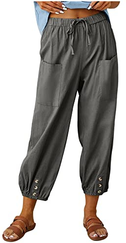 Leinenhose Damen 7/8 Lang Sommerhose Baumwolle Leinen Freizeithose Lässige Einfarbig Stoffhose Casual Loose Fit Strandhose mit Taschen Yogahose Elastische Taille Haremshose Caprihose