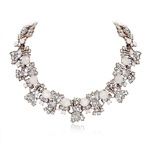 EVER FAITH Strass Lätzchen Statement Halskette Collier, Boho Vintage Floral für Damen Sommer Schmuck Weiß