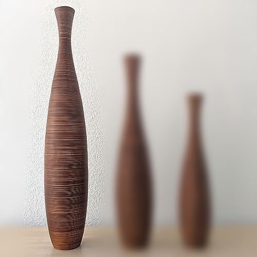 thaiboo Grande vaso da pavimento in legno, sottile, marrone, per decorazione, erba della pampa, fiori secchi, ramoscelli d'erba, vaso in legno di mango (altezza 110 cm)