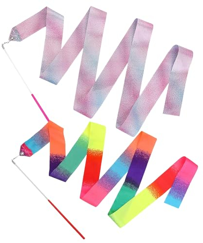 DaiUni Bänder für Gymnastik, 2m Glitter Pink und Gradient Multi-Colored Tanzbänder für Kinder Mädchen Künstlerisches Tanzen Training Geburtstag Gastgeschenke, 2 Stück.