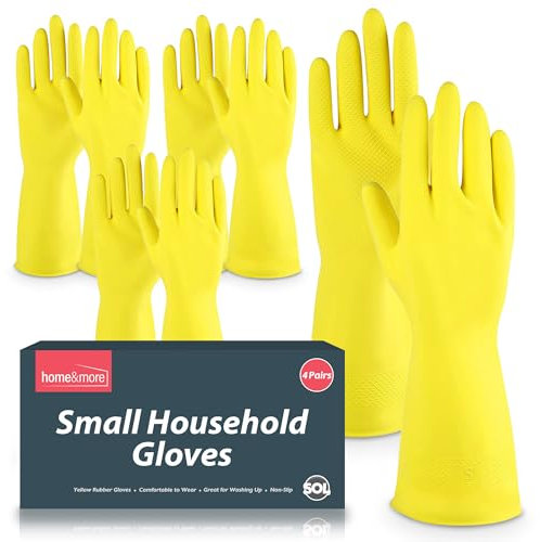 SOL 4 Pairs Small Household Gloves, Yellow Heavy Duty Rubber Gloves for Cleaning with Non-Slip Grip, Durable Waterproof Design for Kitchen, Bathroom & Dishwashing, Multipurpose & Comfortable To Use