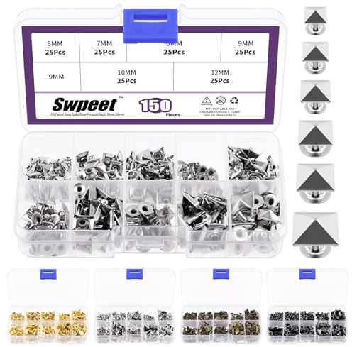 Swpeet 150 st 6 storlekar 6mm-12mm silver spik nit pyramid snabb dubbar kit, fyrkantiga nitar metallpyramid passar för väska läder kläder skor hantverk gör-det-själv
