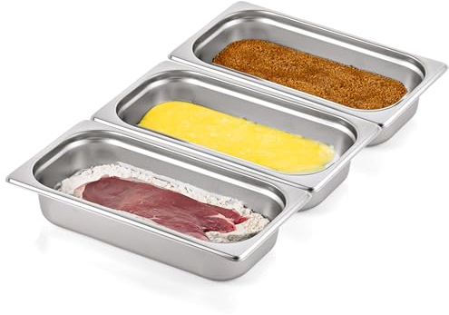 Morleos 3x Panierschalen Panier-Set | GN 1/3 Edelstahl Metall Schalen je 32,5 x 17,6 x 6,5 cm | Volumen: 7,5 Liter | Panieren & Marinieren Fleisch, Schnitzel | 0,7 mm dick (ohne Zange)