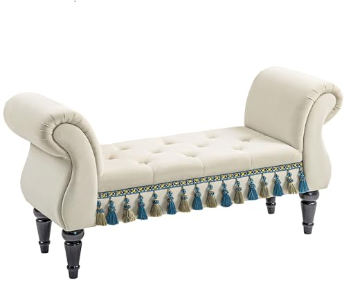 HOMCOM Sitzbank Polsterbank mit Samt-Bezug, Armlehne Bettbank mit Holzrahmen, Schuhbank für Schlafzimmer, Wohnzimmer, Flur 117 x 40 x 58 cm Beige