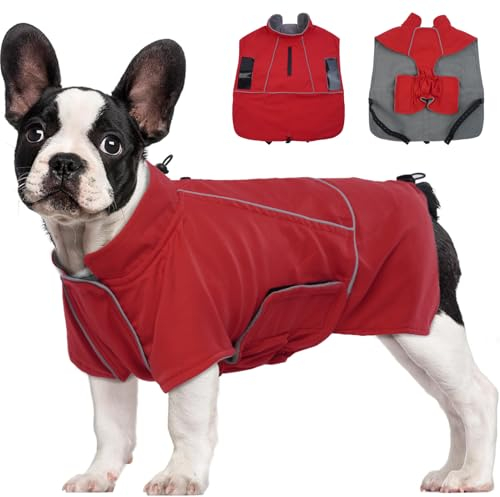 Katzinst Hundejacke Wasserdichter, Warmer Hundejacke für Große Hunde, Hundemantel Fleece, Winterjacke mit Reflektierender Streifen Französische Bulldogge Cheng Rot L