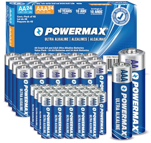 Powermax Alkaline Batteries 48-Count Combo Pack (24 Double AA, 24 Triple AAA), Ultra Long Lasting Battery for Home and Office, 10-Year Shelf Life, Reclosable Packaging