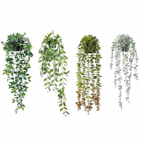 Artificial Hanging Plants with Pot, Fake Vines Plants, Faux Fake Indoor Trailing Plants Decor, Eucalyptus Peas Mandala, for Home Bathroom Garden Office Wedding Wall Decoration Outdoor Gift (4)