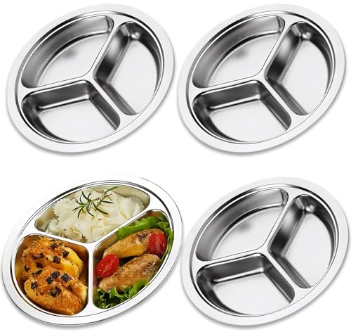 GOMETY 4 stycken cirkulära rostfria tallrikar med tre fack, uppdelade barntallrikar för balanserad kost, diskmaskinssäker, perfekt för camping och picknick (24 cm)