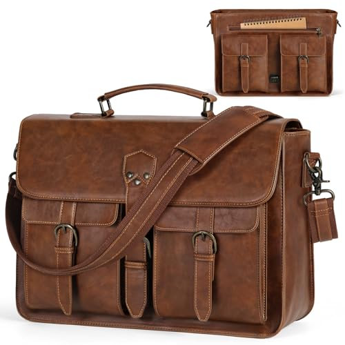 RAINSMORE Aktentasche Herren Laptoptasche 18 Zoll Ledertasche Messenger Bag Business Arbeitstasche Wasserdichte Umhängetasche für Geschäft Schule Braun