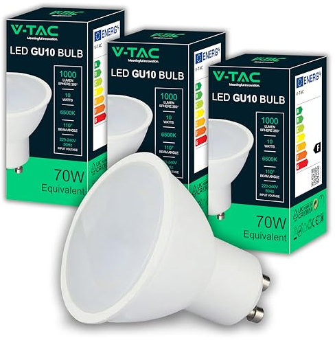 V-TAC 3x Lampadine LED GU10 - Alta Luminosità 10W (Equivalenti a 70W) - 1000 Lumen - Faretto Led GU10 per Massima Efficienza e Risparmio Energetico - 6500K Luce Fredda