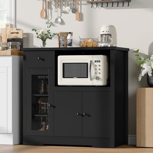Senfot Kitchen Microwave Cabinet with Storage and Drawers, Modern Small Buffet Cabinet with Glass Doors and Adjustable Shelf, Wooden Sideboard with Wide Top for Dining Room, Living Room, Black