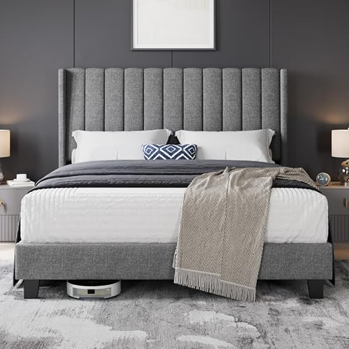 Yaheetech Cama Doble Tapizada 160 x 200cm con Somier de Lamas con Cabecero Rayado Moderno Estructura de Madera y Metal Marco de Cama para Adultos 2 Personas Gris Claro