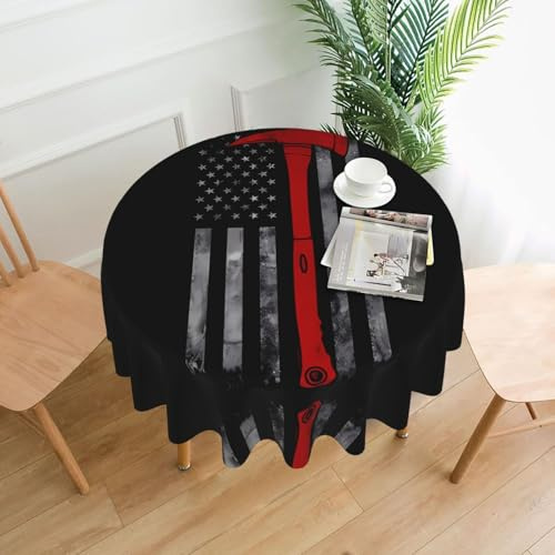 AKGFFDS Firefighter Axe Red Line Flag Printing Round Decorative Tablecloth 60 in for Indoor and Outdoor Dining, Parties, Weddings