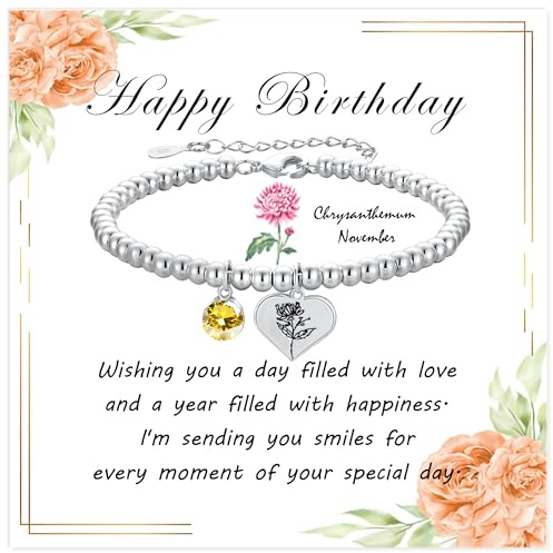 Halora Silver Bracelet for Women, 925 Sterling Silver Birthflower Bracelets November Birthstone Bracelet Friendship Jewellery Birthday Gifts for Mum Sisters Her