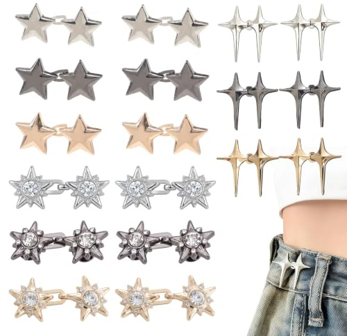 Ruiunchu 18 Pairs Waist Tightener Clips, No Sewing Waist Adjuster, Adjustable Metal Star Waistband Tightener for Loose Pants, Skirts & Trousers, Gap Reducer Tightening Clip