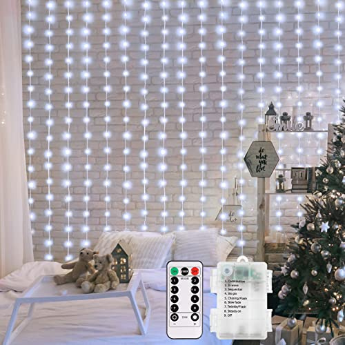 echosari Battery Operated Curtain String Lights, 2×2M 200 LED Curtain Icicle Wall Lights with Remote 8 Modes Timer Waterproof for Outdoor Indoor Wedding Backdrops Bedroom (Cool White)