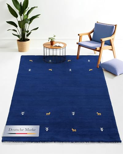 carpetfine Wollteppich Gabbeh Uni Blau 120x170 cm | Moderner Teppich für Wohn- und Schlafzimmer