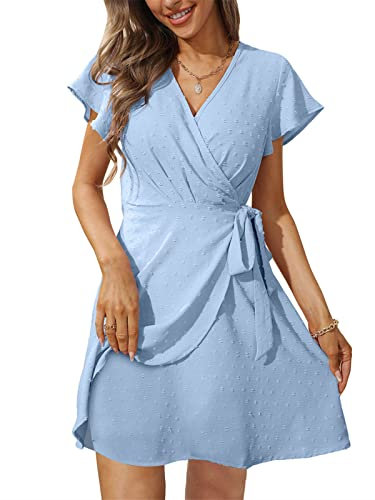 Aokosor Summer Dresses for Women V Neck Dress Ladies Mini Ruffle Sleeve Dress Elegant Blue Size 22-24