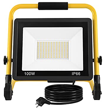 Aufun LED Baustrahler 100W, Baustellen Strahler Warmweiß Arbeitsscheinwerfer LED Fluter Floodlight mit 3M Kabel, Standgestell und Tragegriff, Wasserdichtes IP66 Flutlichtstrahler für Garten, Garage