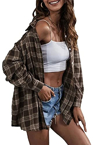 Bozanly Camisa de franela a cuadros para mujer, blusa de gran tamaño con botones, Marrón, XX-Large