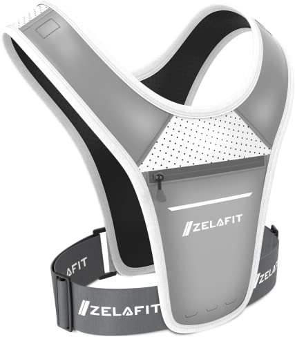 ZelaFit® Laufweste für Damen und Herren, Einheitsgröße, verstellbar, leichte Laufweste mit Reflektoren, wasserdichter Handytasche, Schlüsselhalter, kompakte Alternative zum Laufrucksack (Silber)