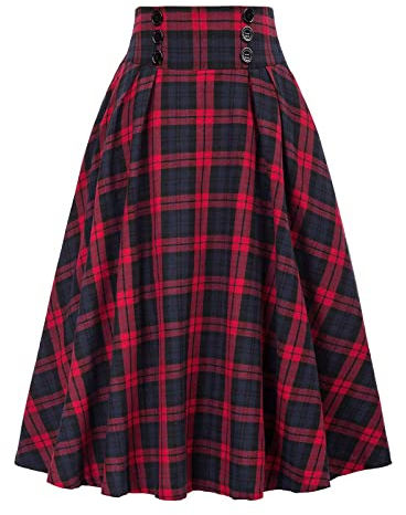 WINDEHAO Herbst Winter Damen Hohe Taille Rock, Vintage Eleganter Plaid Wollrock, A-Linie Plissee Elastischer Taille Langer Rock (Rot, XXL)